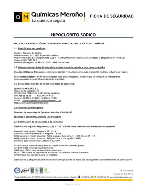 FICHA DE SEGURIDAD HIPOCLORITO SODICO