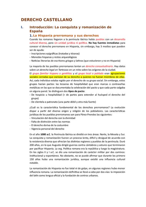 Resumen sobre Derecho Castellano DERECHO CASTELLANO I Introducción