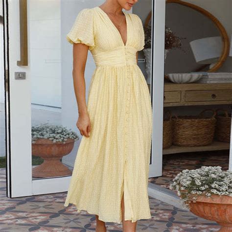 Tugoxie Maxi Flowy Dresses For Women Plus Casual Solid Puff Yellow