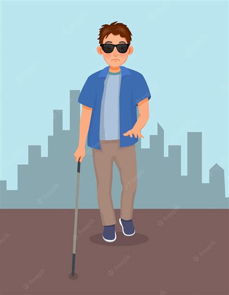 Premium Vector Young Blind Man In Dark Glasses Walking With A Cane