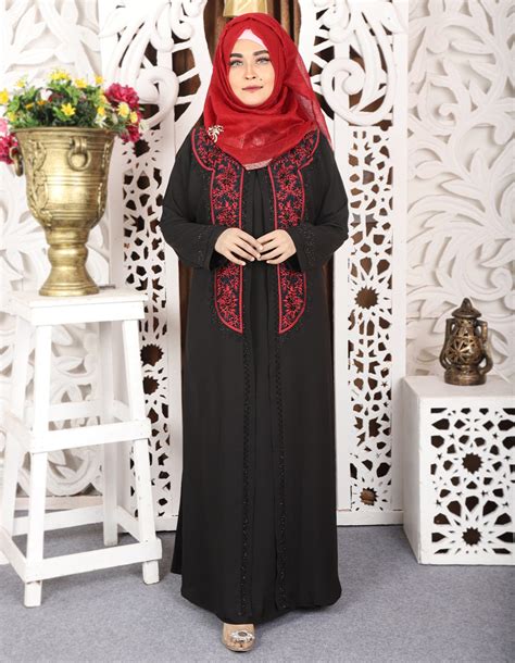 Black Koti Burqa Design With Red Embroidery And Stone Work Irani