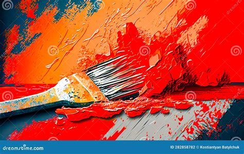 Painting Of Paintbrush With Red And Yellow Paint Splattered On It