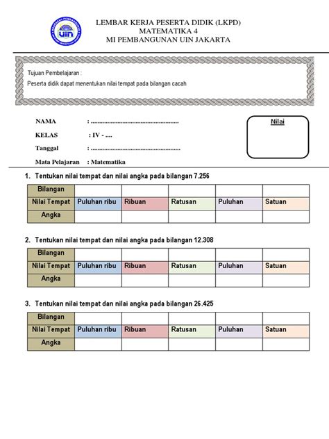 Lkpd Menentukan Nilai Tempat Pada Bilangan Cacah Pdf