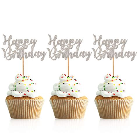 Amazon Donoter Pcs Glitter Silver Happy Birthday Cupcake