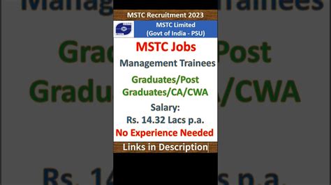 Mstc Recruitment Management Trainees Graduates Post Graduates