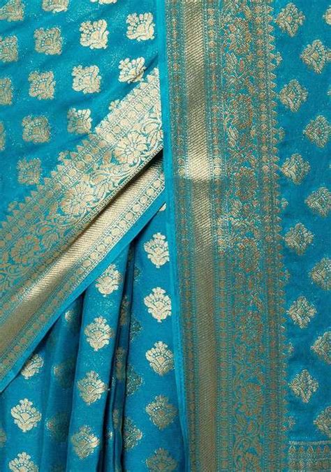 Buy Women Turquoise Blue Floral Brocade Saree With Blouse Ils