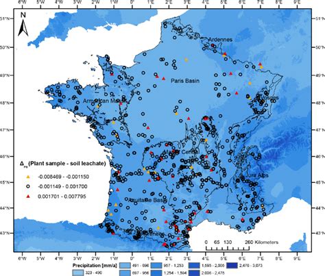 Average annual precipitation map of France created from data of ...