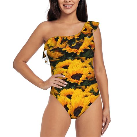 Easygdp Flower Bush Sunflower Womens One Shoulder Ruffle Monokini