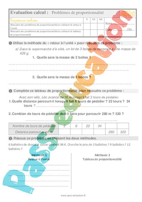 Evaluation Proportionnalité CM1 Bilan et controle corrigé