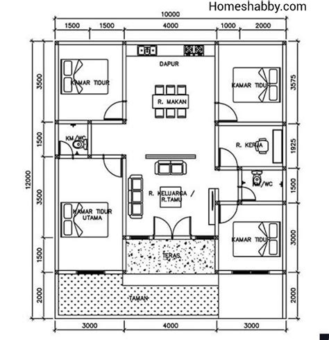 Desain Dan Denah Rumah Ukuran 10 X 12 M Memiliki 4 Kamar Tidur Dan Ruang Kerja Serta Eksterior