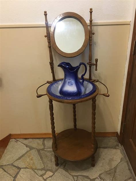 Lot 35 Vintage Wash Basin Stand With Mirror Wash Basin And Pitcher