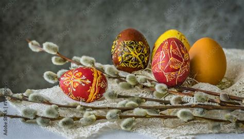 Paschal Themed Still Life Featuring Pysanky Easter Eggs And Pussy Willow Branches The Easter