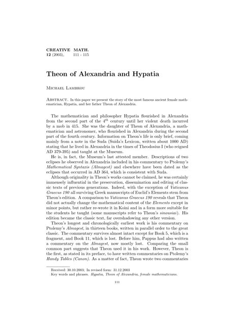 (PDF) Theon of Alexandria and Hypatia