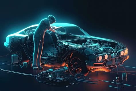 Mechanic Repairing A Car On Dark Background D Rendering Futuristic