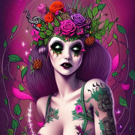 Whimsical Fantasy Pinup Goth Weiblich Mit Blumen Und Glitzer · Creative Fabrica