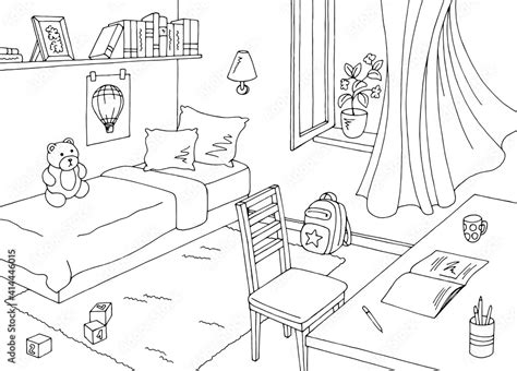 Children room graphic black white home interior sketch illustration ...