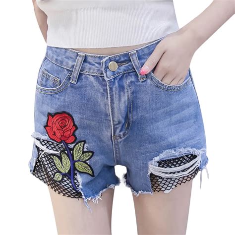 Plus Size Summer Mesh Patchwork Floral Embroidery Jean Women Shorts