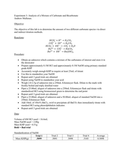 Experiment 3 Analysis Of A Mixture Of Carbonate And Bicarbonate