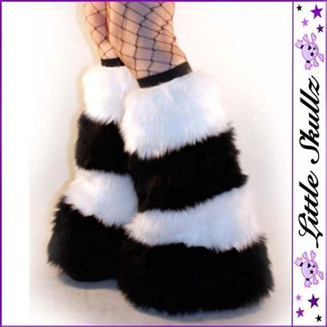 Rave Outfit Striped Black UV White Gogo Fluffies Faux Fur Boot Covers