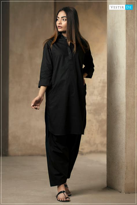 Black Cotton Shalwar Kameez Vestir De