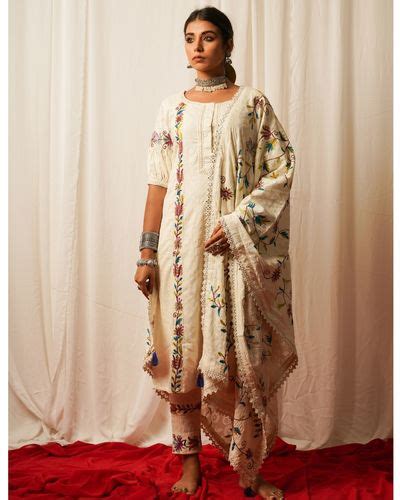 Ivory And Multicolor Embroidered Kurta With Pant Set Of Two By Keva