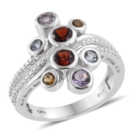 Multi Gemstone Genuine Gems Bezel Set Cluster Platinum Bonded Brass Ring Size 6 L2d Cluster