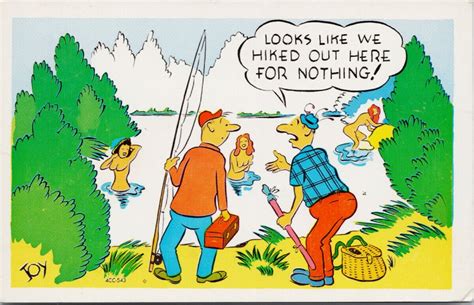 Joy Comic Fishermen Nude Women Skinny Dipping Fishing C1954 RPO Postcard G95 Topics Cartoons