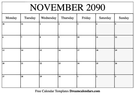 November 2090 Calendar - Free Printable with Holidays and Observances