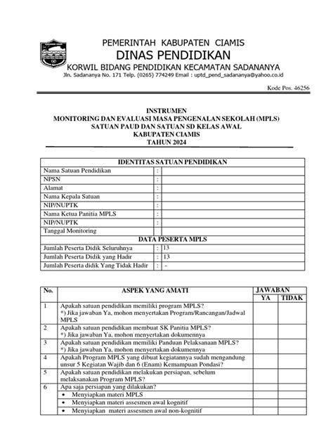 Instrumen Monev Mpls 2024 2025 Korwil Bidang Pendidikan Kec Sadananya