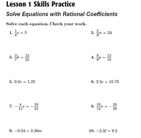 Solve Equations With Rational Coefficients Worksheet Printable PDF