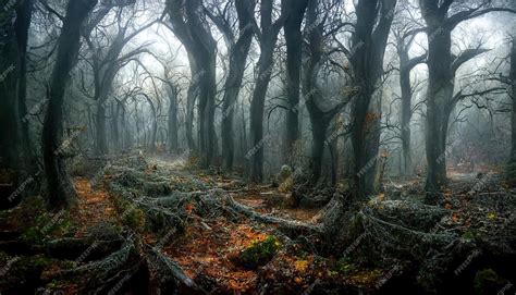 Paisagem Assustadora De Floresta Assombrada Realista à Noite Ilustração