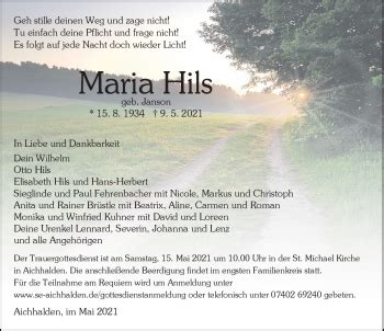 Traueranzeigen Von Maria Hils Schwarzw Lder Bote Trauer