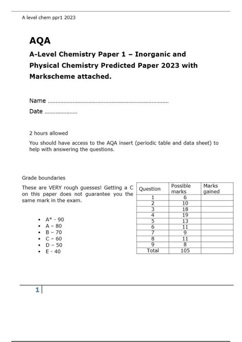 A Sheet Of Paper With Numbers On It And The Words A Level Chemistry