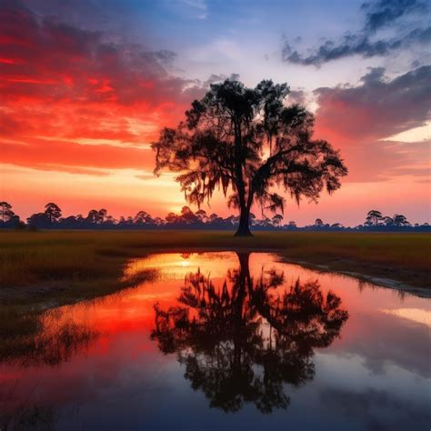 Premium Photo A Tree Is Reflected In A Puddle Of Water With The Sky