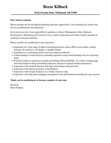 Digital Marketing Specialist Cover Letter Velvet Jobs