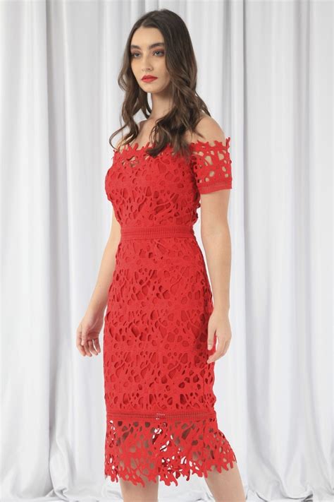 Red Bardot Lace Frill Hem Midi Dress Clearance