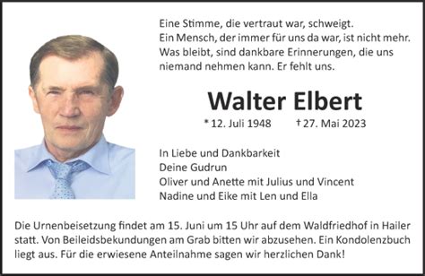 Traueranzeigen Von Walter Elbert Trauer Gnz De