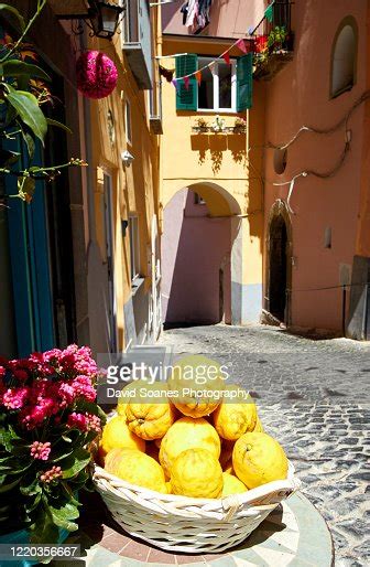 A Bowl Of Lemons On The Streets Of The Island Of Procida Off The Coast