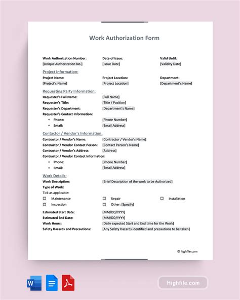 Work Authorization Form Word PDF Google Docs Highfile