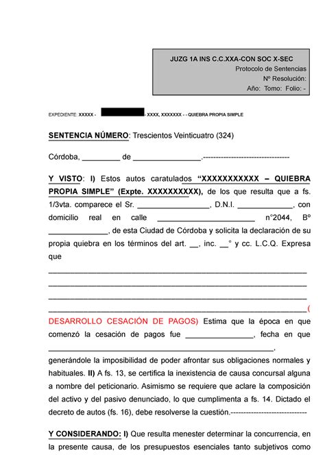 Modelo Sentencia De Quiebra Trabajo Paratico Concursos Y Quiebras