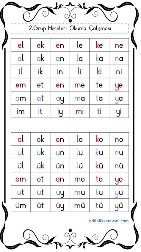 2 Grup Hece Tablosu Hece Yazı farkındalığı Harfleri öğreniyorum
