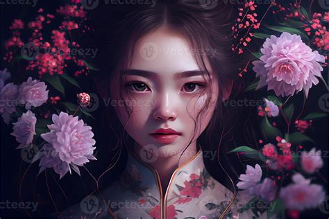 Illustration Of Asian Woman With Flowers Concept Art Chinese Digital Art Style 22654482 Stock