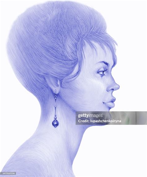 Illustration Pencil Drawing Portrait Profile Of A Woman With Long Hair Smooth Hairstyle Pearl ...