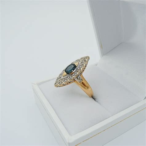 Bague Marquise Or Jaune Carats Sertie Piere Bleu Et D Clats De