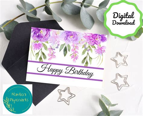 Happy Birthday Card, Purple Floral Birthday Card for Her, Digital ...