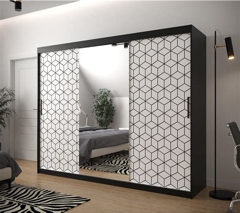 Hexagon Ormar Ogledalo 3 Vrata 250x62x200 Cm Crno Beli Emmezeta Webshop