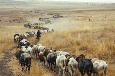 Premium Photo A Herd Of Cattle Walking Across A Dry Grass Covered Field