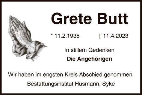 Traueranzeigen Von Grete Butt Trauer Kreiszeitung De