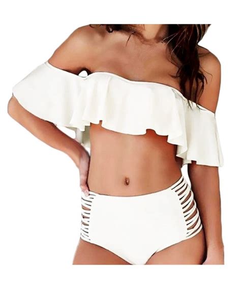 Women S Two Piece Off Shoulder Swimsuits High Waisted Bikini Set White CJ184NDKGHR