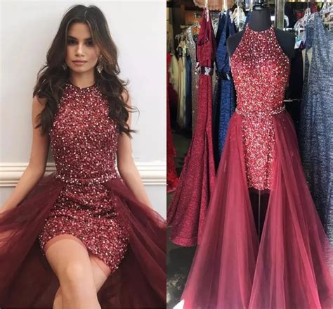 Sparkly Maroon Red Short Prom Dresses Jewel Neck Crystal Beading Sheath